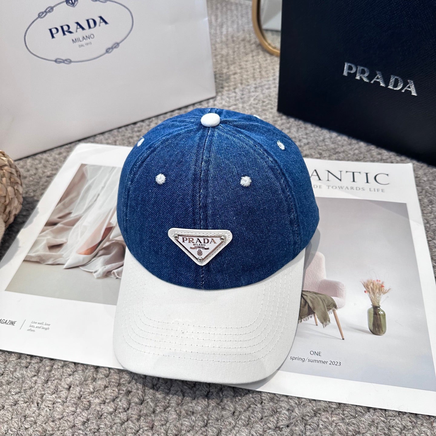 Two-Tone Denim Baseball Cap with Signature Geometric Logo Patch
