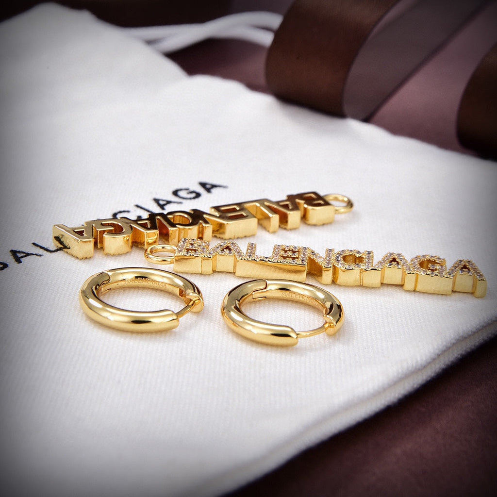 18K Balenciaga Typo Mirror Hoop Crystals Earrings