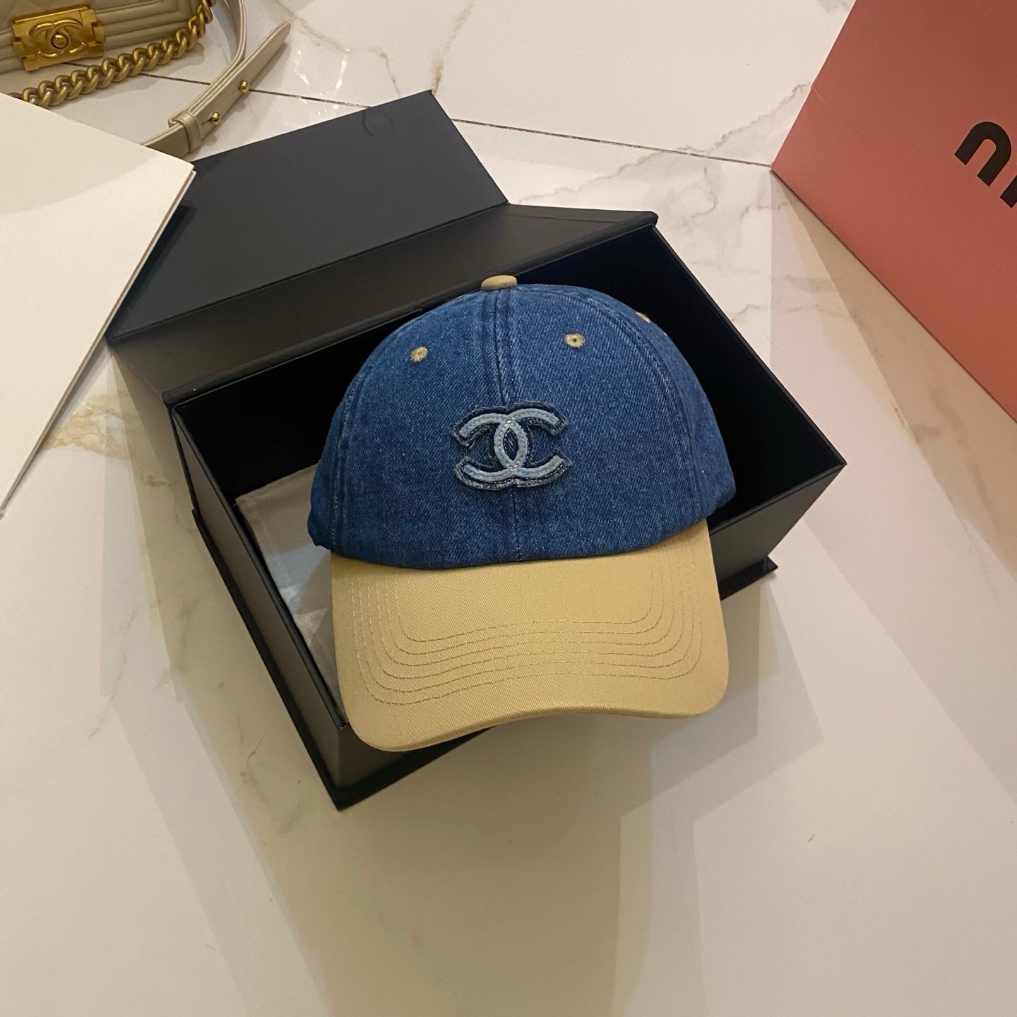 Chanel Color-Blocked Denim Baseball Cap